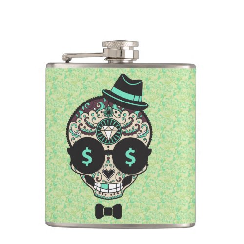 Hipster Sugar Skull And Black Bow Tie Flask