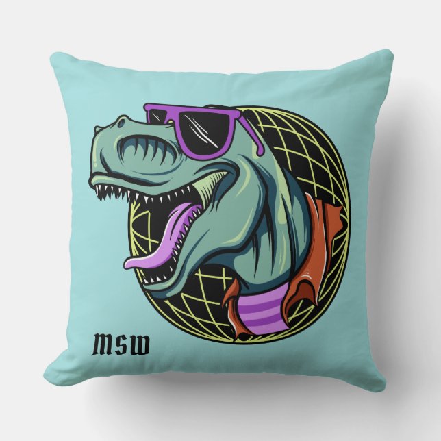 Hipster T-Rex custom monogram & color throw pillow (Front)