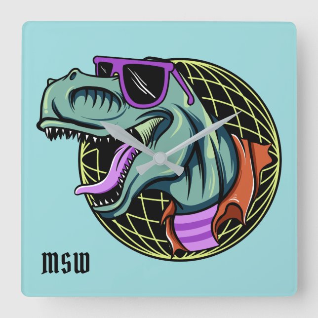Hipster T-Rex custom monogram & color wall clock (Front)