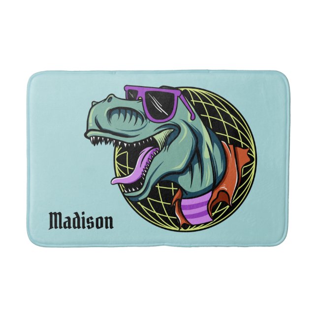 Hipster T-Rex custom name & color bath mats (Front)
