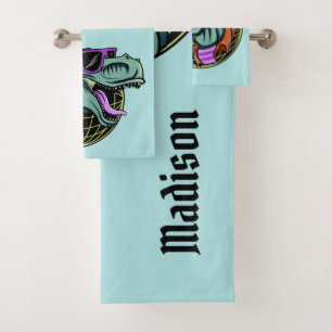 Hipster T-Rex custom name & color towel set