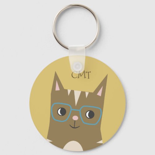 Hipster Tabby Cat with Glasses  Monogram Keychain