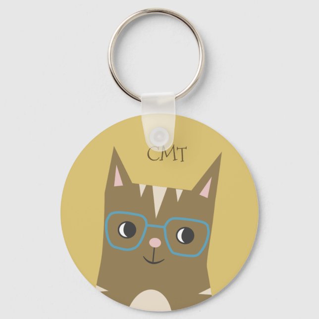 Hipster Tabby Cat with Glasses | Monogram Keychain (Front)