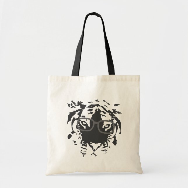 Hipster Tiger with Glasses, Black Tote Bag (Front)