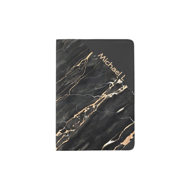 Hipster Trendy Marble Black Gold Gray Personalized Passport Holder (Front)