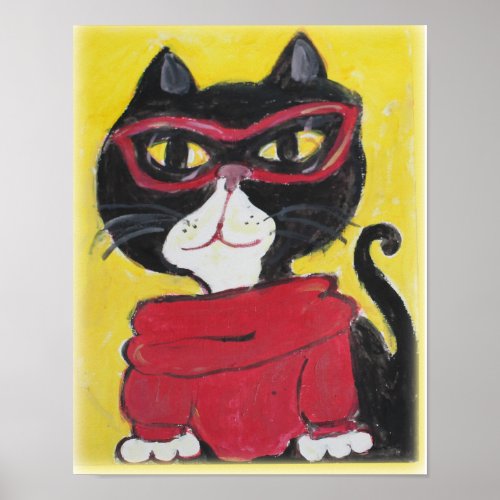 Hipster Turtleneck Cat Folk Art Cool Style Poster