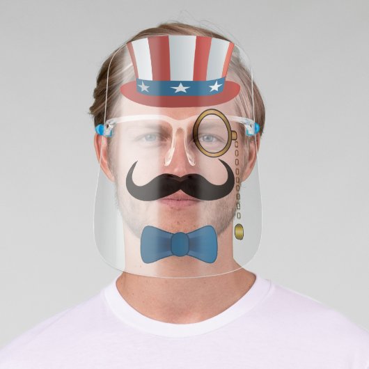 Hipster Uncle Sam With Top Hat, Mustache, Monocle Face Shield (Insitu)