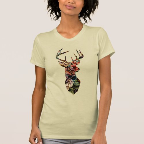 Hipster Vintage Floral Deer Head Silhouette T_Shirt