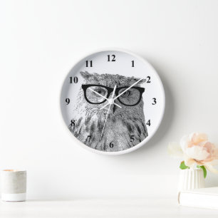 Hipster wall clock   Geeky owl with glasses
