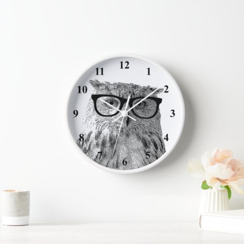 Hipster wall clock  Geeky owl with glasses