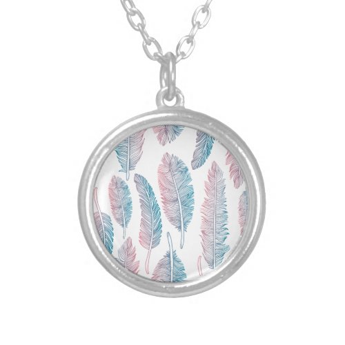 Hipster Watercolor Handdrawn blue pink feather Silver Plated Necklace