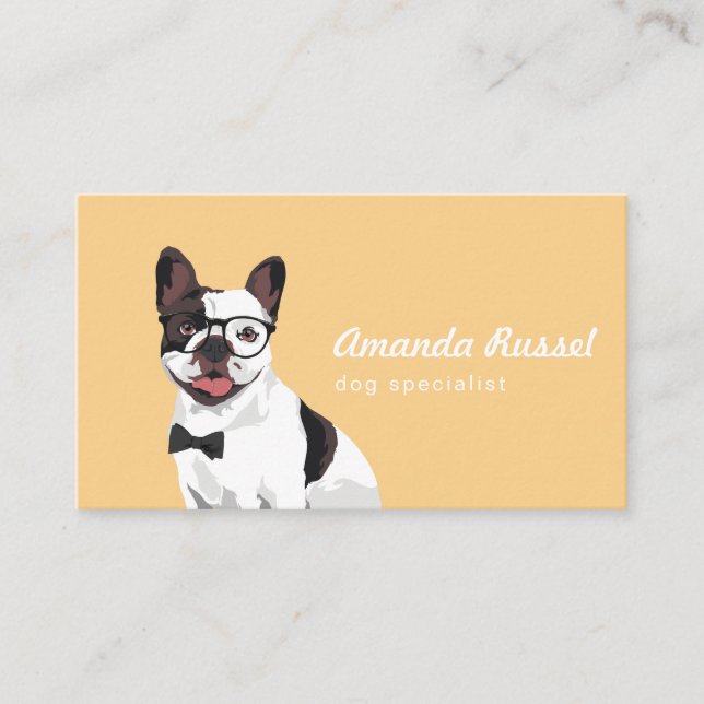 Hipster White and Brown French Bulldog Business Card (Front)