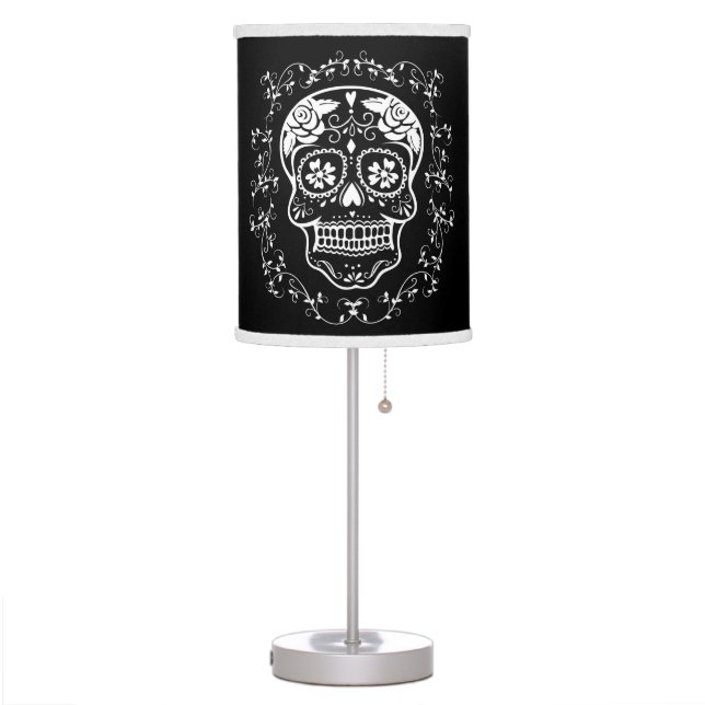 Hipster White Sugar Skull with Black Table Lamp (Left)