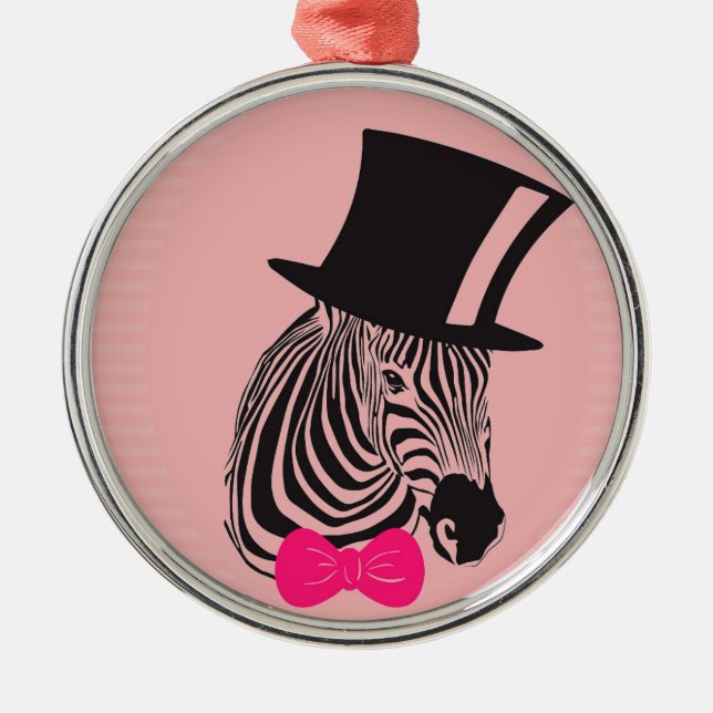 Hipster Zebra with top hat and Bow Tie Metal Ornament (Front)