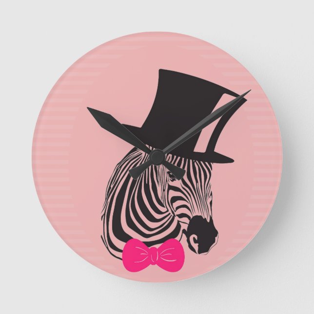 Hipster Zebra with top hat and Bow Tie Round Clock (Front)
