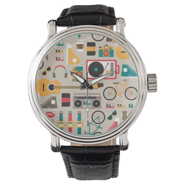 Hipsterrific Hipster Things Pattern (Cinereous) Watch (Front)