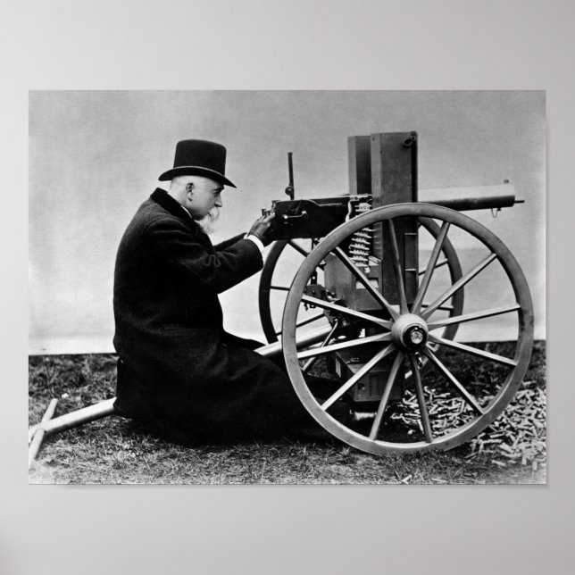 Hiram Maxim firing his Maxim Machine Gun - 1884 Poster (Front)