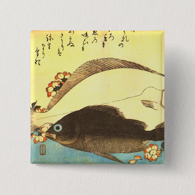 Hirame & Mebaru - Hiroshige's Japanese Fish Print Button (Front)
