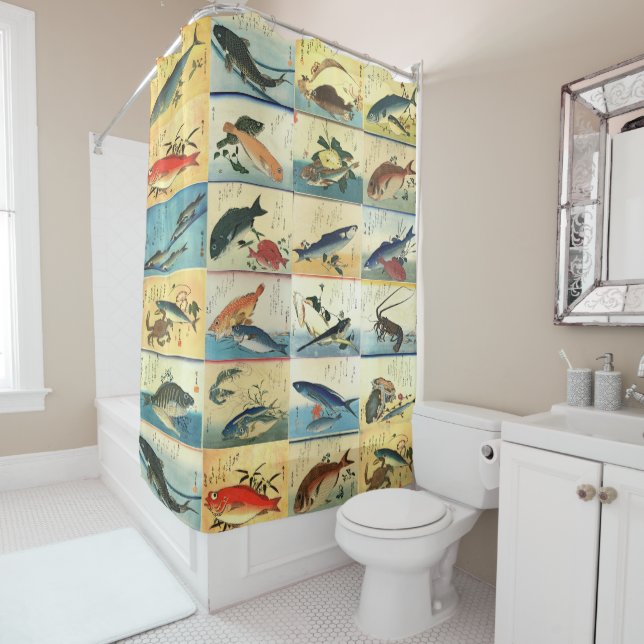  Hiroshige: A Shoal of Fishes Japanese Fish Prints Shower Curtain (In Situ)