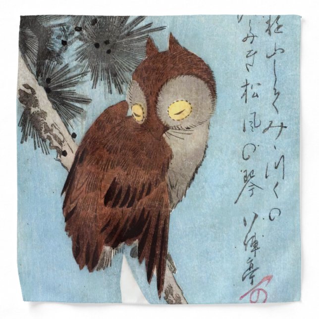Hiroshige - Horned Owl, Pine, and Crescent Moon Bandana (Front)