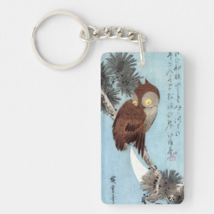 Hiroshige - Horned Owl, Pine, and Crescent Moon Keychain