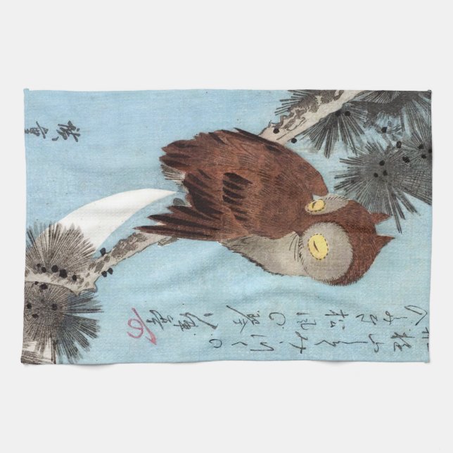 Hiroshige - Horned Owl, Pine, and Crescent Moon Kitchen Towel (Horizontal)