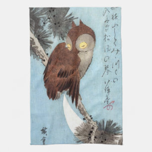 Hiroshige - Horned Owl, Pine, and Crescent Moon Kitchen Towel