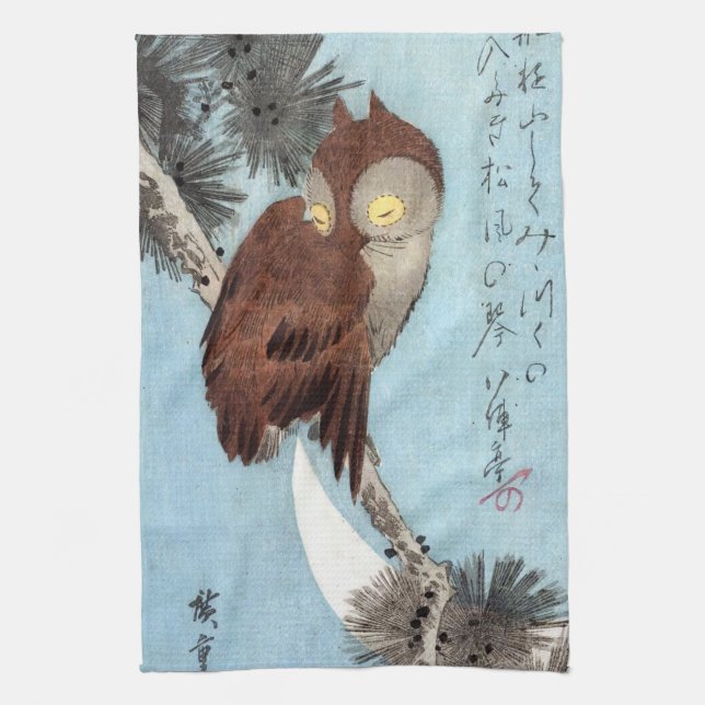 Hiroshige - Horned Owl, Pine, and Crescent Moon Kitchen Towel (Vertical)