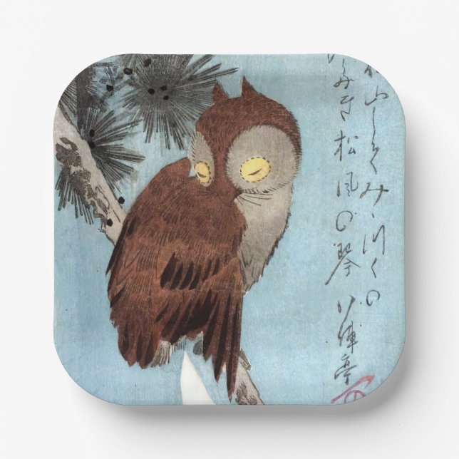 Hiroshige - Horned Owl, Pine, and Crescent Moon Paper Plates (Front)