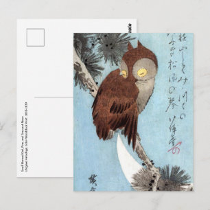 Hiroshige - Horned Owl, Pine, and Crescent Moon Postcard
