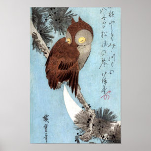Hiroshige - Horned Owl, Pine, and Crescent Moon Poster
