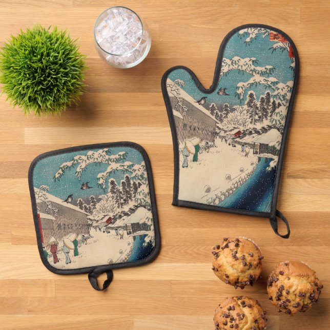 Hiroshige winter landscape japan country oven mitt & pot holder set (Top Down)