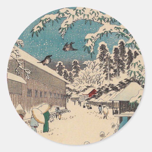 Hiroshige winter landscape japan ukiyo-e antique classic round sticker (Front)