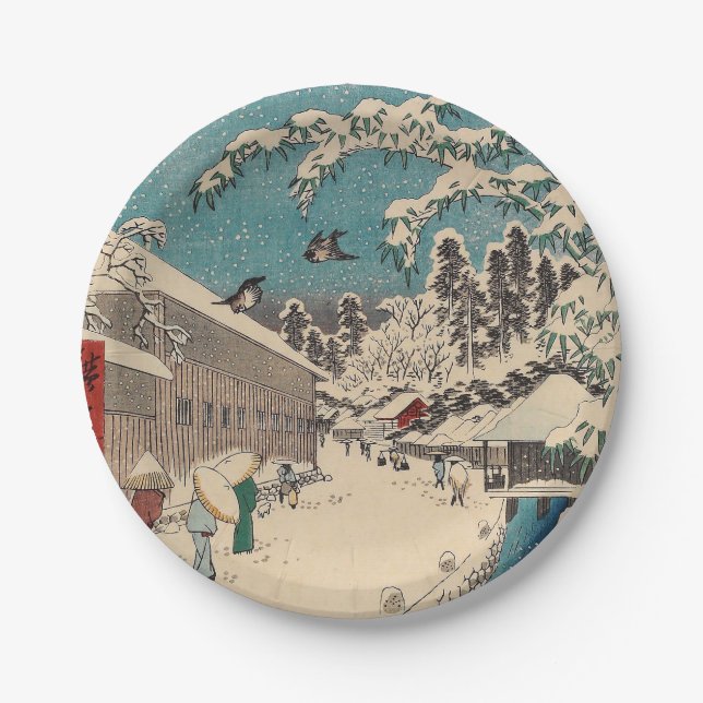 Hiroshige winter landscape japan ukiyo-e antique paper plates (Front)