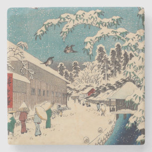 Hiroshige winter landscape japan ukiyo-e antique stone coaster