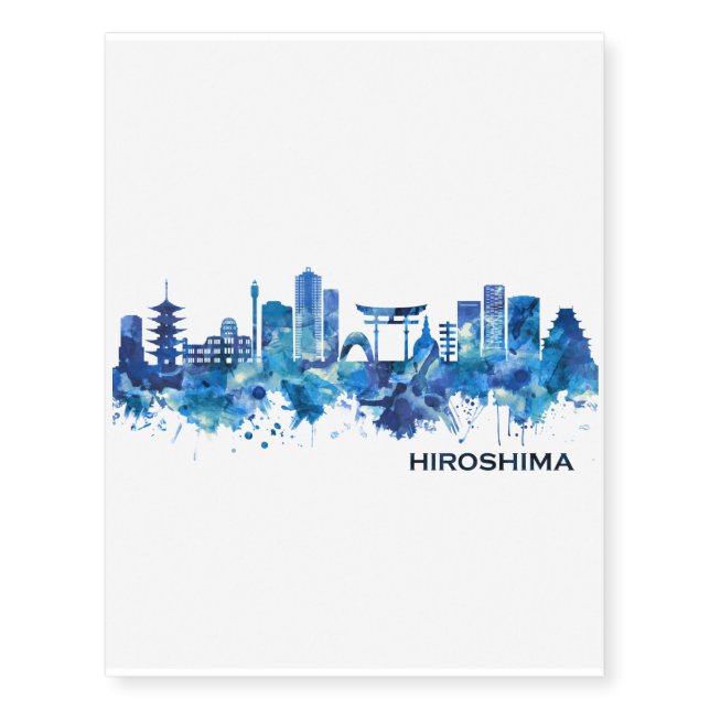Hiroshima Japan Skyline Blue Temporary Tattoos (Front)