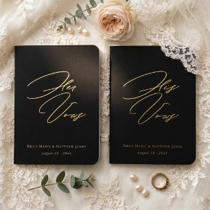 His and Her Black Elegant Calligraphy Wedding Foil Vow Books