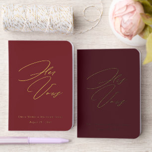 His and Her Burgundy Red Elegant Script Wedding Foil Vow Books