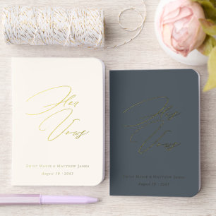 His and Her Cream Charcoal Elegant Script Wedding Foil Vow Books
