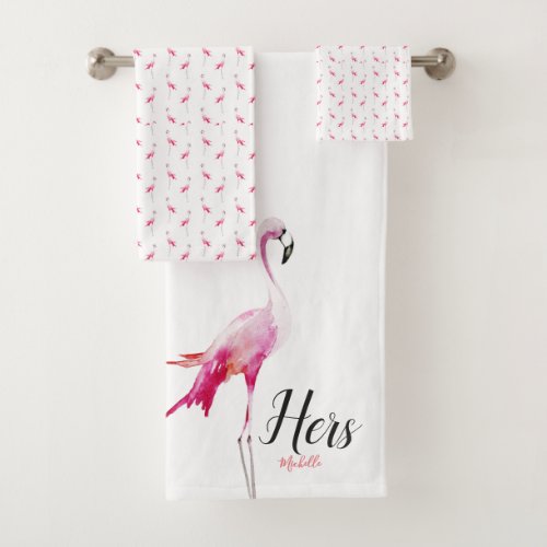 His and Her Custom Name Tropical Flamingo Themed Bath Towel Set