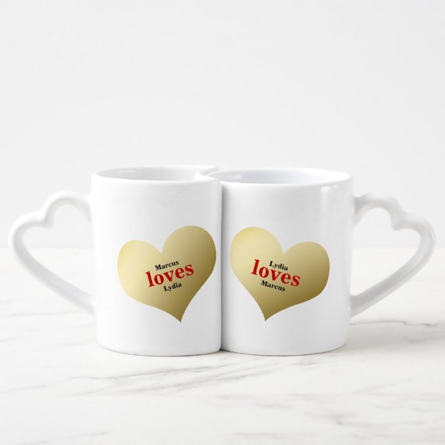 His and Her Gold Heart Personalized Mugs (Back Nesting)