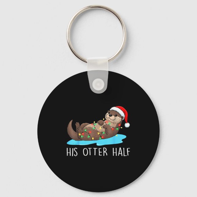 His And Her Otter Half Santa Hat Couple Christmas  Keychain (Front)