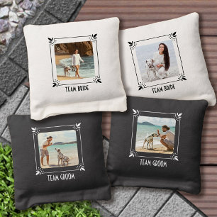 His and Her Photos Art Deco Frame and Team Name Cornhole Bags