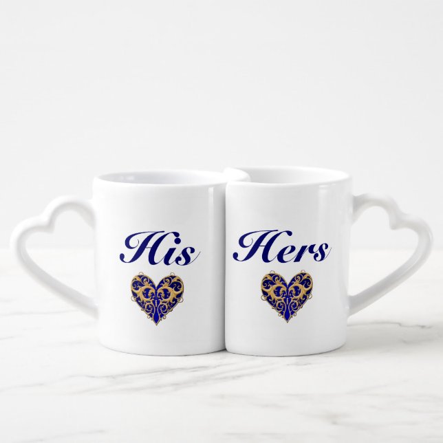 His And Hers Anniversary Blue Hearts Mug Set (Front Nesting)
