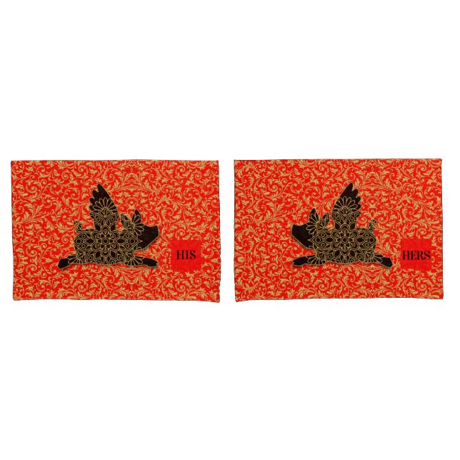 His and Hers Chinese Pig Flying Silhouette Red Pillow Case (Front-Set)