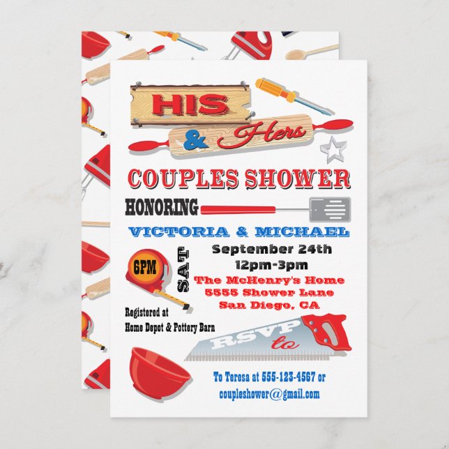 His and Hers Couples Tools Kitchen Shower Invites (Front/Back)