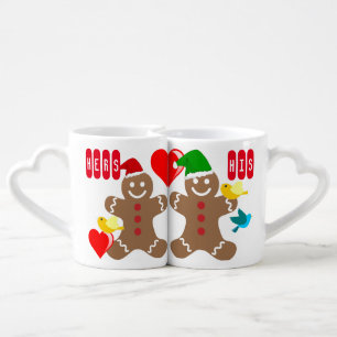 His and Hers Gingerbread Couple, hearts and birds Coffee Mug Set