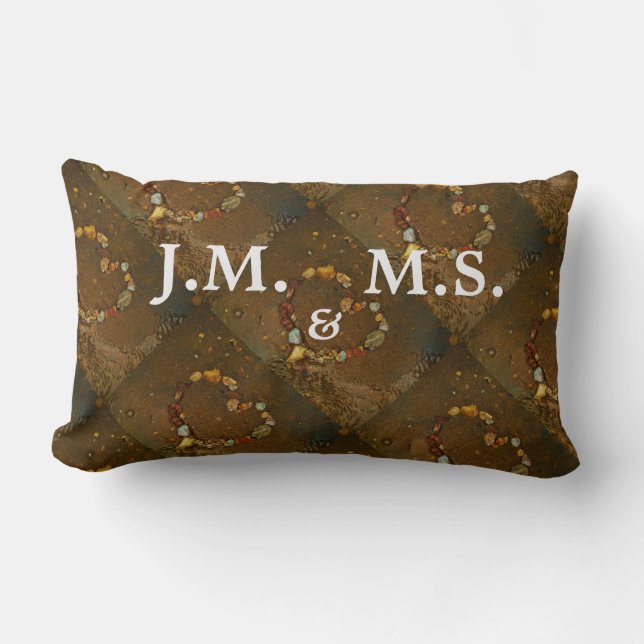His and Hers Initials Heart of pebbles on Beach Lumbar Pillow (Front)