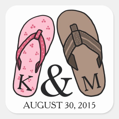 His and Hers Monogrammed Wedding Flip Flops Square Sticker