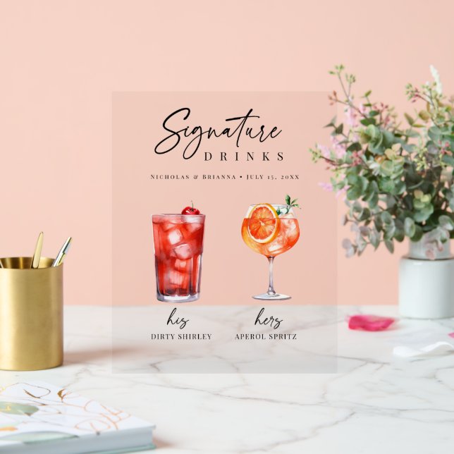 His and Hers Signature Cocktail Drink Bar Acrylic Sign (Wedding)